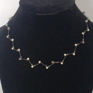 Pearl & Grey Beaded Gunmetal Tone ZigZag Necklace 15 in + 3 in extension